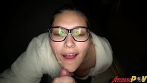 cute chubby teen fitsid gives blowjob on balcony at night for facial