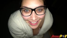 cute chubby teen fitsid gives blowjob on balcony at night for facial