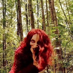 Demonic horny bitch in the woods has a hard time alone