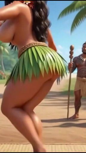 Exotic hula beauty on all fours, tribal men watching her curves (AI Generated)   Clip 2