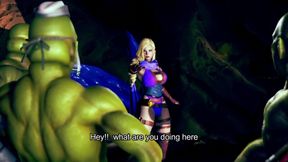 Female knight destroyed by monstrous orc gagging on her big throat
