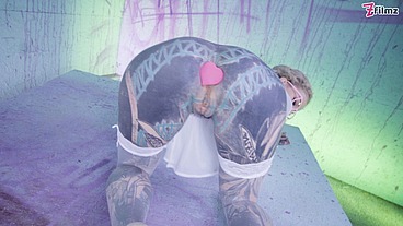 Tattood Girl with Glasses and buttplug Fucks a Tattooed Dick, DP, Facial
