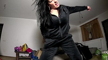 Velvet Tracksuit Tease – Smoking, Big Tits & Black Thong Flash