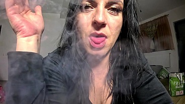 Velvet Tracksuit Tease – Smoking, Big Tits & Black Thong Flash