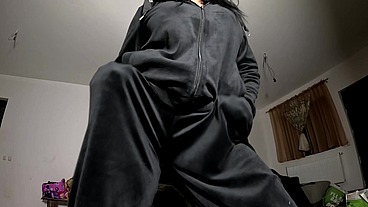 Velvet Tracksuit Tease – Smoking, Big Tits & Black Thong Flash
