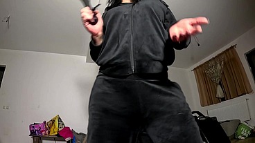 Velvet Tracksuit Tease – Smoking, Big Tits & Black Thong Flash