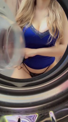 Blonde woman in blue swimsuit