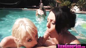 Hot girls swap cock&#x1F346; at pool party &mdash;  sucking and fucking