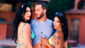 Aesthetic outdoor FFM sex with brunettes Vanessa Sky and Queenie Sateen