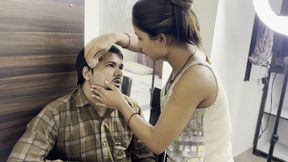 The hero gave the make-up to the woman.