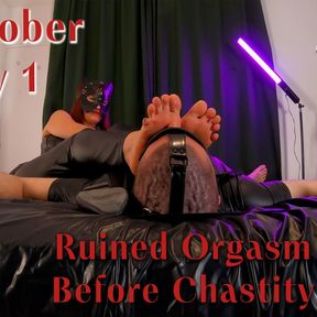 Redhead Mistress Teases her Chastity Slave with her Sexy Feet and gives him a Ruined Orgasm before locking him back in his Cage