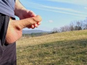 Big dick cum twice in the middle of huge meadow, anybody could watch me