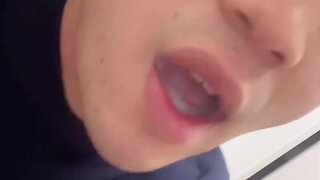 Straight handjob with cum swallowing