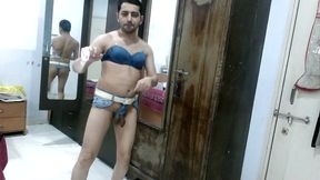 Hot sissy crossdresser femboy Sweet Lollipop in a denim bra with DIY thong.