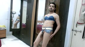 Hot sissy crossdresser femboy Sweet Lollipop in a denim bra with DIY thong.