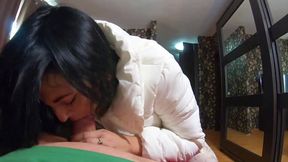 Hot older woman shows off her round butt in yoga pants and gets double cumshots