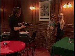 Camera guy gets his cock sucked by two slutty chicks in dining room