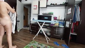 Sexy Brunette Doing Naked Chores Around the House.