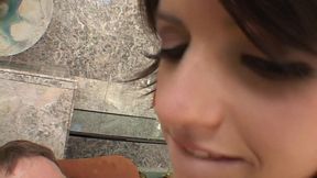 Skinny babe sucks a monster cock then bends over for deep strokes
