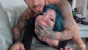Slutty blue-haired stepsis gets her tight pussy fucked hard and a cock shoved deep in her throat