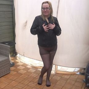 Black Pantyhose and Leather Coat Flashing in the Yard