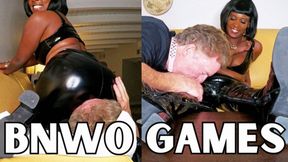 BNWO Games ft Queen Ava and John Maverick - An ebony female domination scene featuring: femdom, strap-on pegging, facesitting, foot worship, bnwo, and slave training - HD MP4