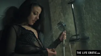 Petite Latina fingers her soaked pussy in shower wearing leather boots