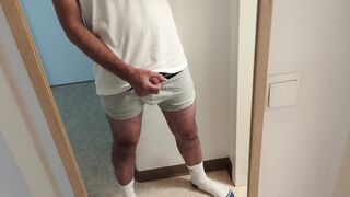 crazy stud in white socks jerking off his jizz-shotgun, noisy yelling