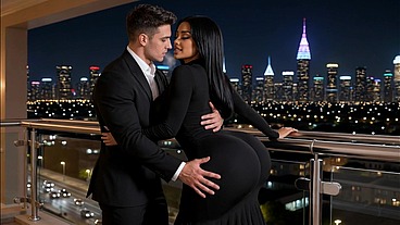 A brunette with a huge ass and huge tits enjoys riding a big cock and asks him to cum on her pretty face. (AI-generated video)