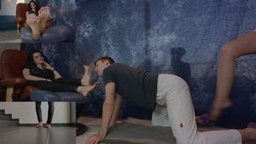 Boss Lisa Orders Her Worker Helena To Kick His Balls To Motivate Him During Licking Feet - HD 2560x1440
