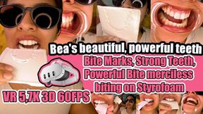 VR 3D 5,7K 60FPS | Mouth Fetish Highlight: Bea Shows Off Her Flawless White Teeth and Powerful Biters – Lip Retractor Close-Up, Intense Styrofoam Bite Marks, Crunching Grinding, Dangerous Biting – Teeth Fetish, Strong Teeth, Powerful Bite, Deep Tooth Impr