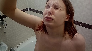 Bbw redhead chubby babe sucking dildo, shaking her big ass, playing with her wet pussy in bathroom