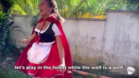 Little Red Riding Hood lost a fruit from her basket and is looking for it in the wolf's pants