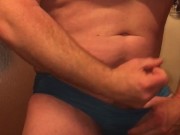 Secretly wearing my wifes Bikini turned me on so I jerked off a big Cum Shot and licked it all up