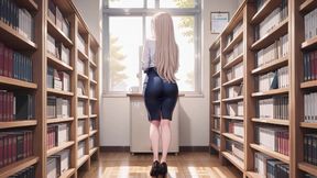 Blonde Teacher! The Fatal Seduction Under an Open White Shirt, lazily leaning on the classroom desk.