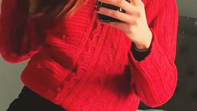 Smoking Tease in Red Sweater - Deep Stare & Full Cigarette
