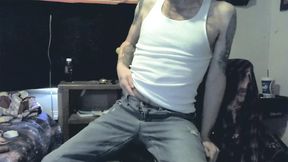 Guy gets naked and plays with his dildo, then fills his hand with cum.