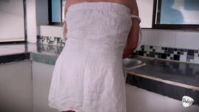 Grandmother sneaks a peek at her stepdaughters at the pool playing and she masturbates in the dining