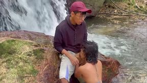 Skinny Latina catches cum in mouth after hot summer day