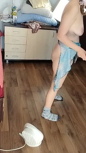Sexy Brunette Having Fun Trying on Clothes. Sexy Mom Dances Naked Around the House.