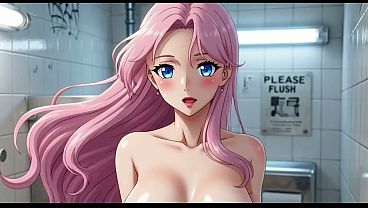 Pink Haired Woman Urinates Profusely In Mens Public Toilet And Poses On All Fours On Wet Floors (AI generated)