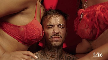 Two Ebony Goddesses Tormenting a Loser Submissive with a Large Dildo and Constant Spitting 25