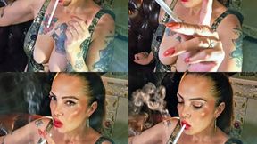 Stylish smoker with a ponytail and a new angle - Audible inhales and exhales - Virginia Slims 120s