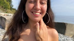 Young brunette girl in short skirt Katty West gets fucked POV on the sea side