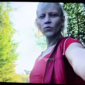 Swimming in the lake in violet skirt and red t-shirt wetlook