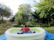 Baggy Pup cooling down in pool (with sneakers and cumshot)