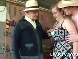 Plump blonde is cheating on her husband with two guys, in a small, dirty workshop