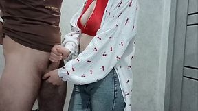 Busty housewife gives a handjob to her boyfriend
