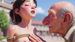 Tied Woman in Public Square - Old Man Caresses Her Body