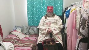 PVC Cat Priestess Miko Sissy Cosplay does Breathplay and Vib